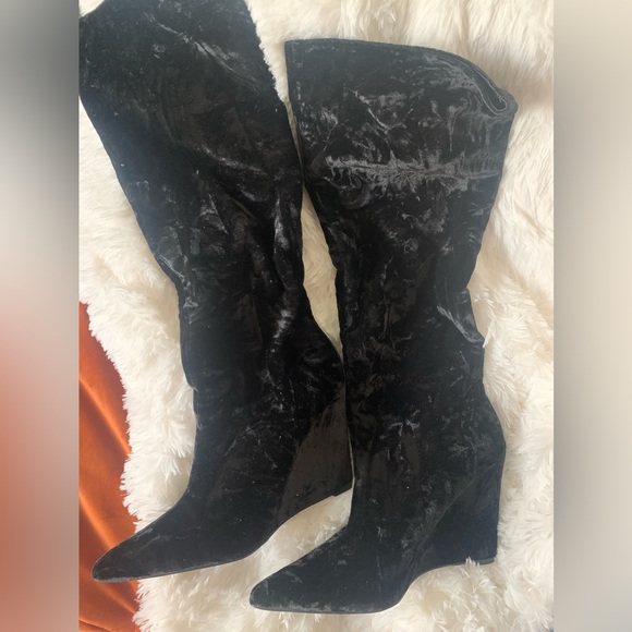 Velvet Pointed Toe Wedge Knee High Boot - Picture 5 of 7